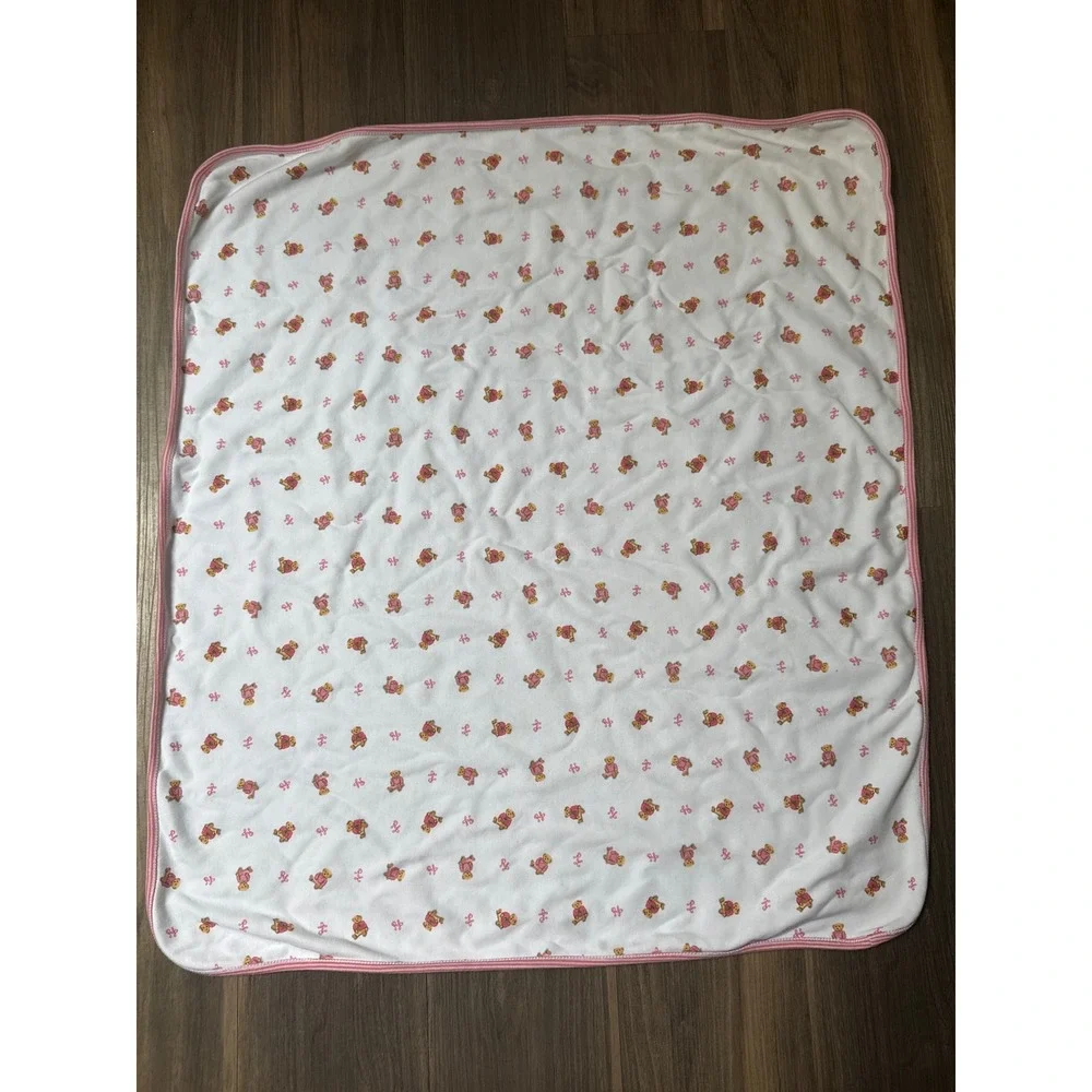 Ralph Lauren Receiving Blanket Kids White Pink Polo Bear Monogram Striped Trim